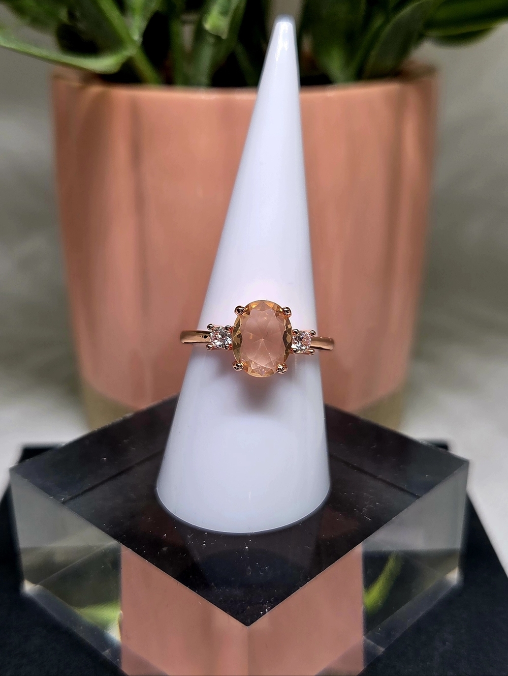 Rose Gold Peach Oval Gemstone Ring with Side Accents